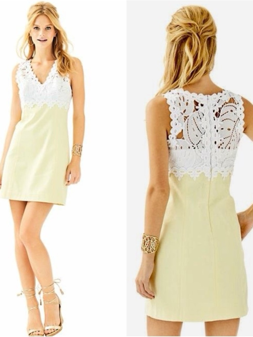 Lilly Pulitzer White Lace V-Neck dress with Pale Yellow Skirt